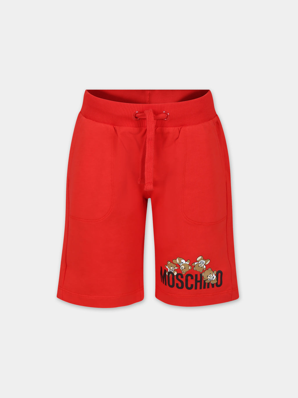 Red shorts for kids with Teddy Bears and logo